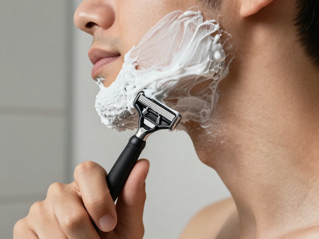PROMPT: Create close up shaving scene man using razor and shaving cream, smooth skin, realistic bathroom