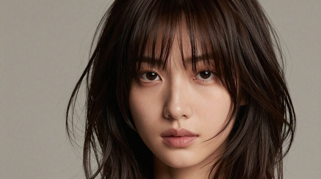 “Face framing haircut for thick hair, voluminous layered cut with long cascading layers, strong face-framing strands that enhance cheekbones and jawline, soft curtain bangs blended into dense hair, natural heavy texture with controlled movement, smooth salon finish, rich shiny healthy hair, realistic fashion editorial photography, professional lighting, neutral studio background, high detail, modern stylish look”