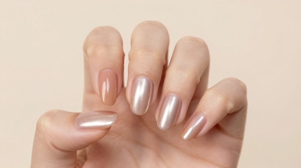 2. Nude Pearl Chrome Nails