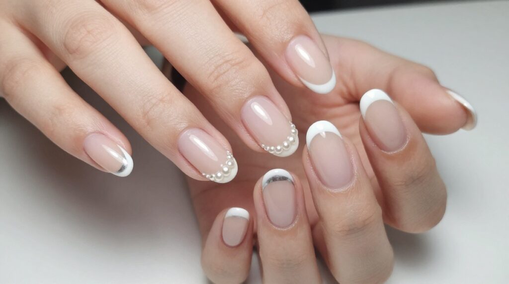 4. French Tip Pearl Chrome Nails