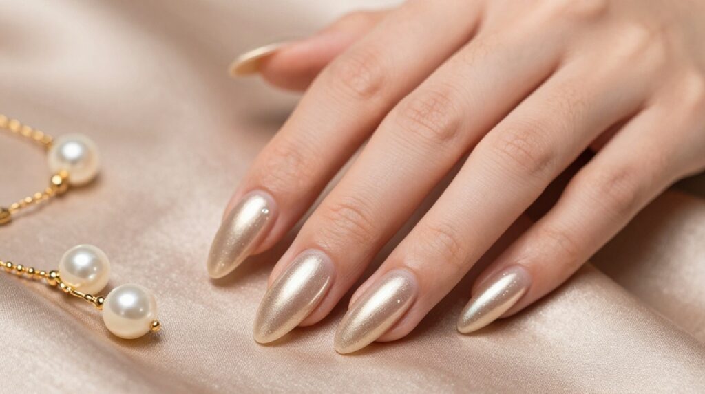7. Champagne Pearl Chrome Nails