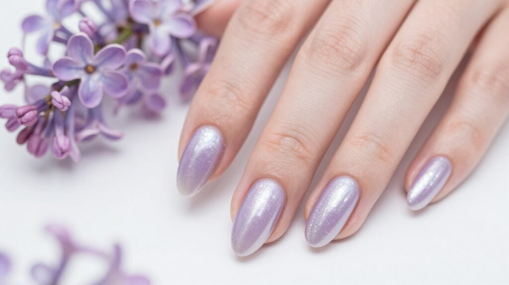 8. Lavender Pearl Chrome Nails