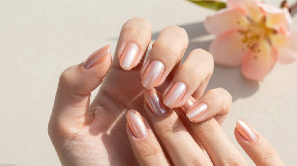 9. Peach Pearl Chrome Nails