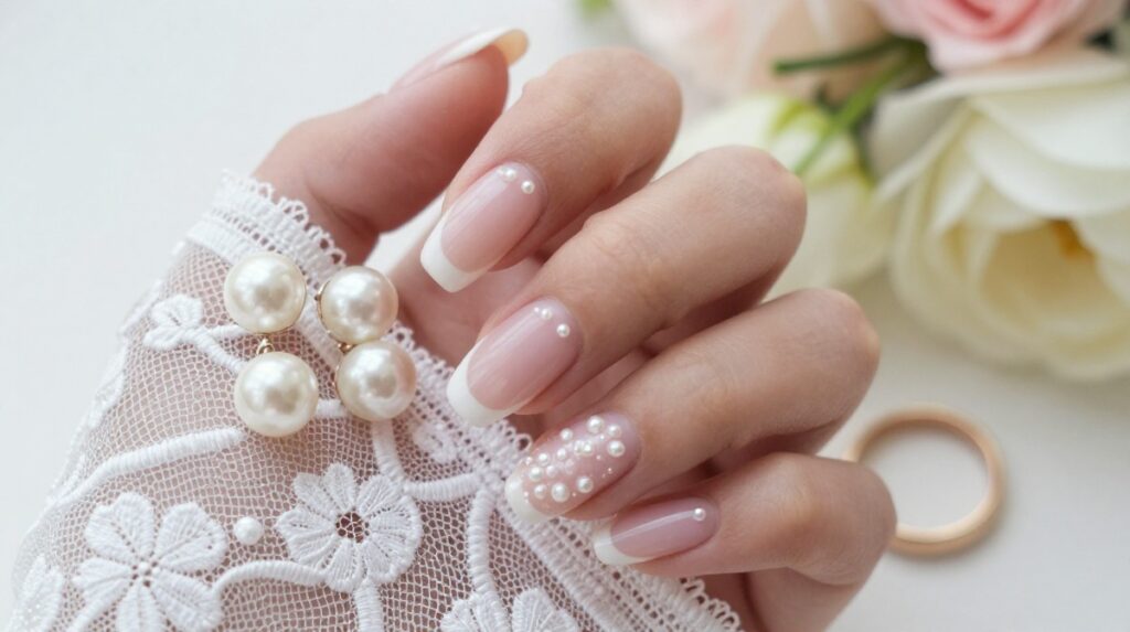 4. Pearl Accent Wedding Nails